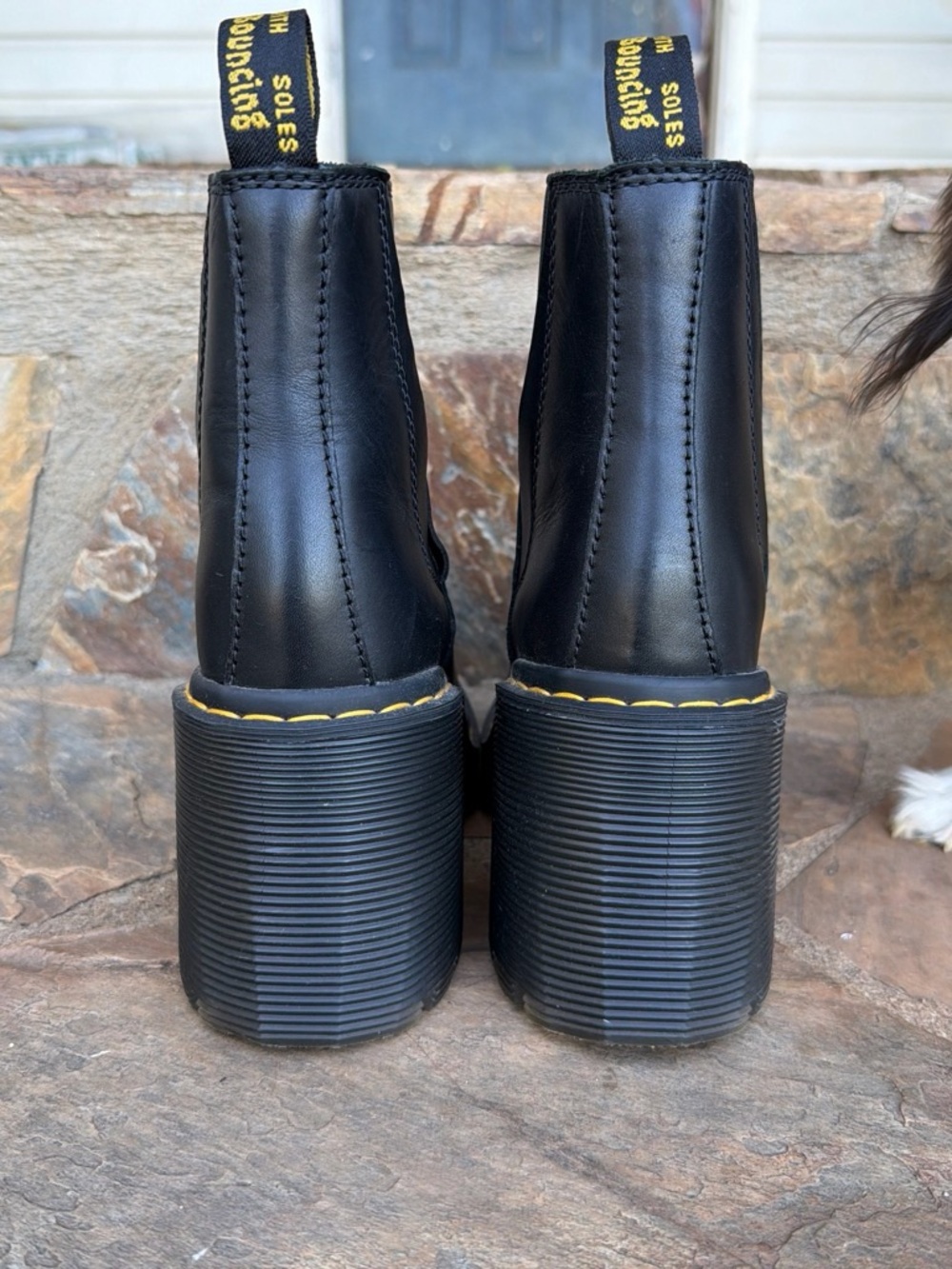 Dr. Martens Black Leather Platform Chelsea Boots with Yellow Stitching